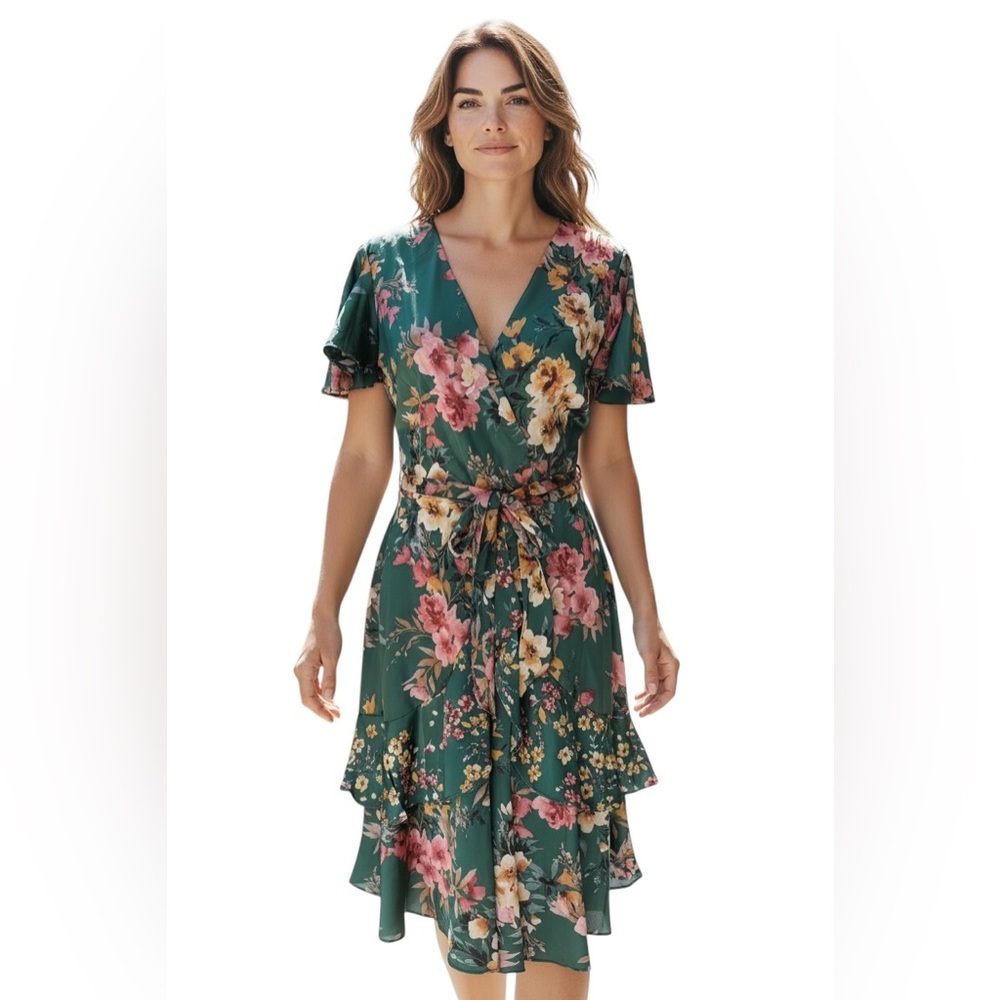 New Nikole Miller NY Floral Wrap Satin Midi Dress Ruffle Green Sz 8 Festival - Picture 2 of 9